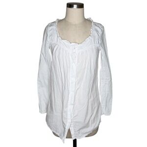 LUMA Blouse White Ruffle Lace Trim Button Front Women's Size Small Distressed